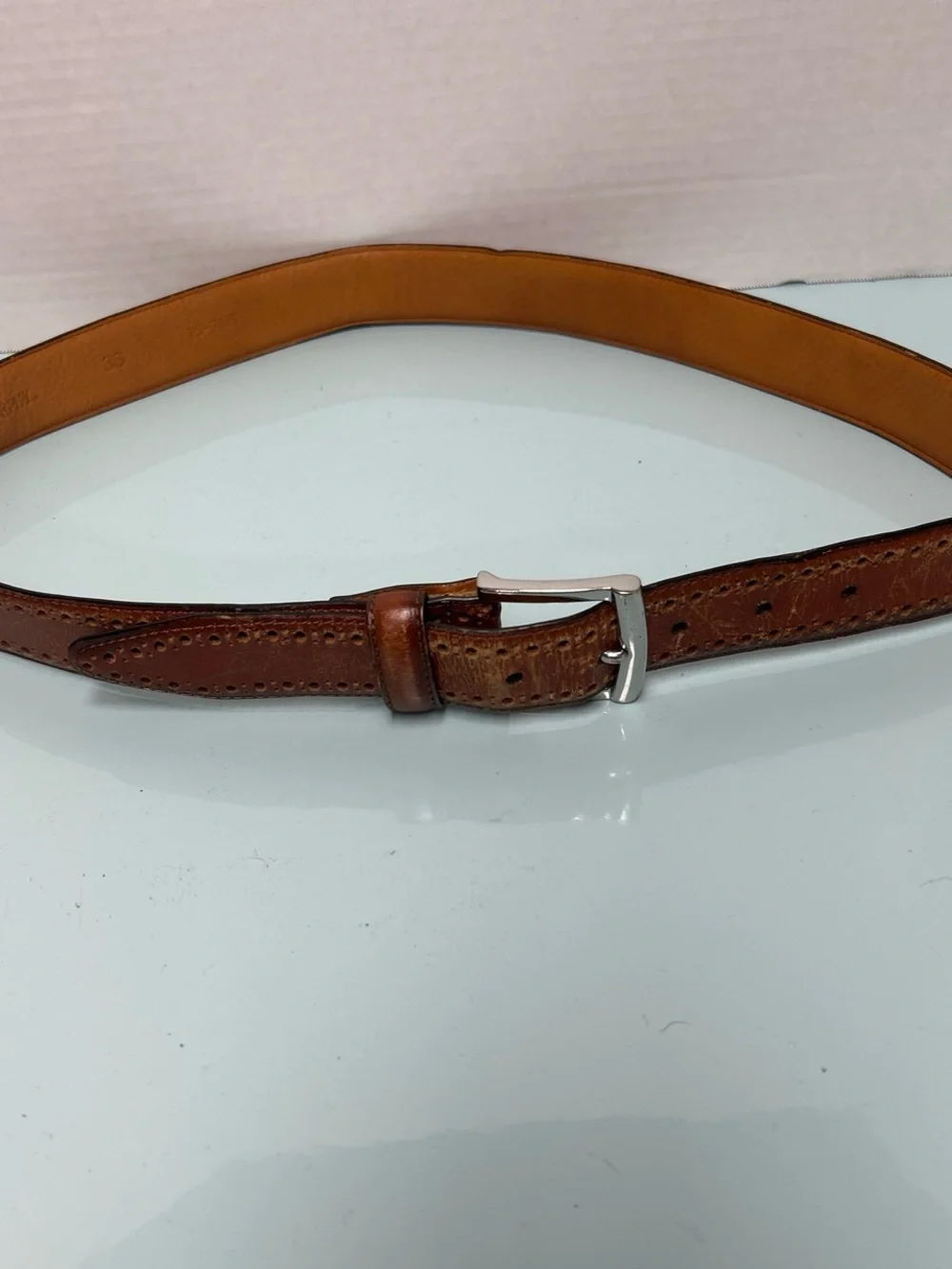Johnston & Murphy Men's Cognac Brown Leather Belt with Silver Buckle